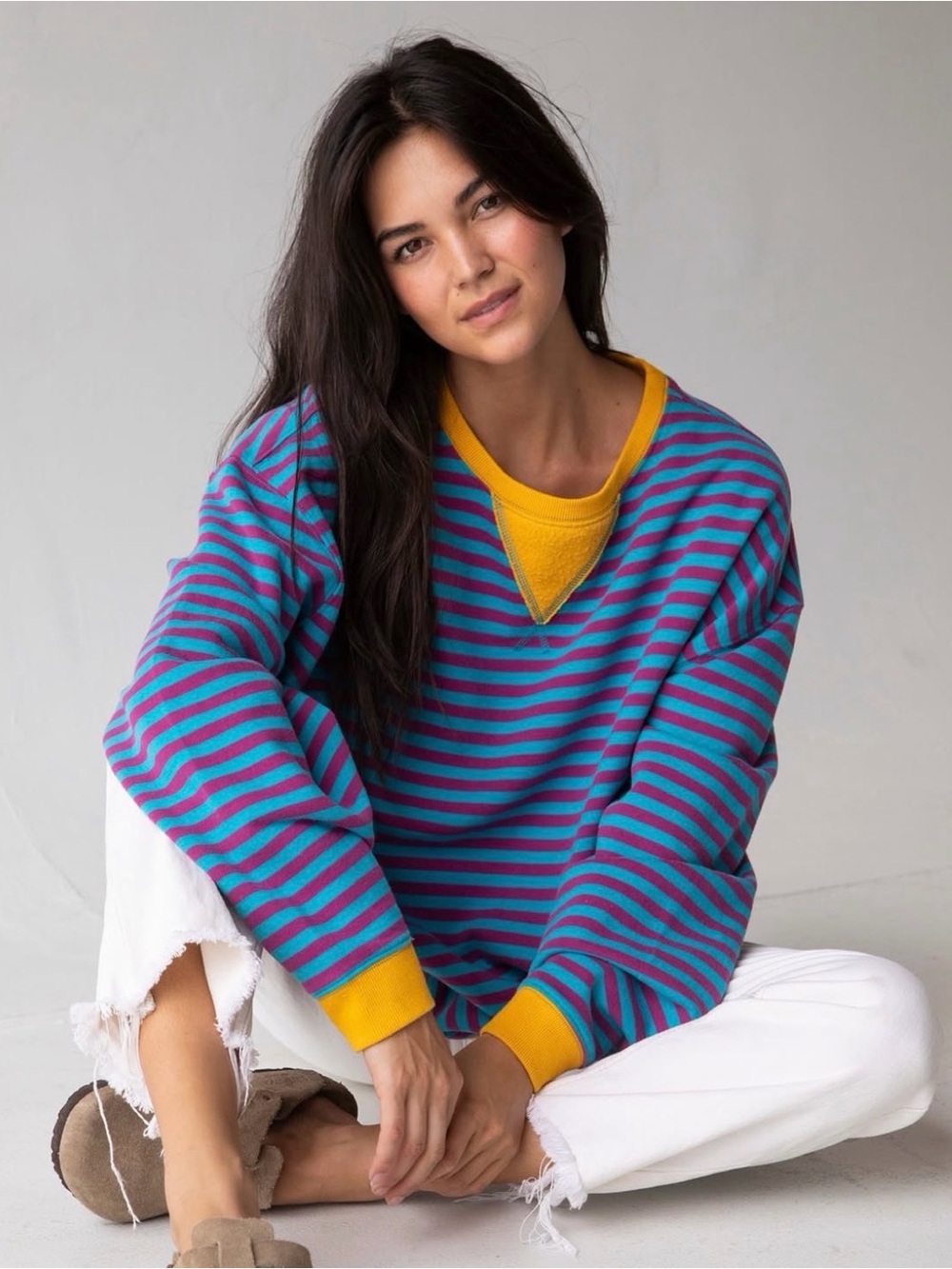 NATURAL LIFE Blue & Pink Striped Crew Sweater with Yellow Trim